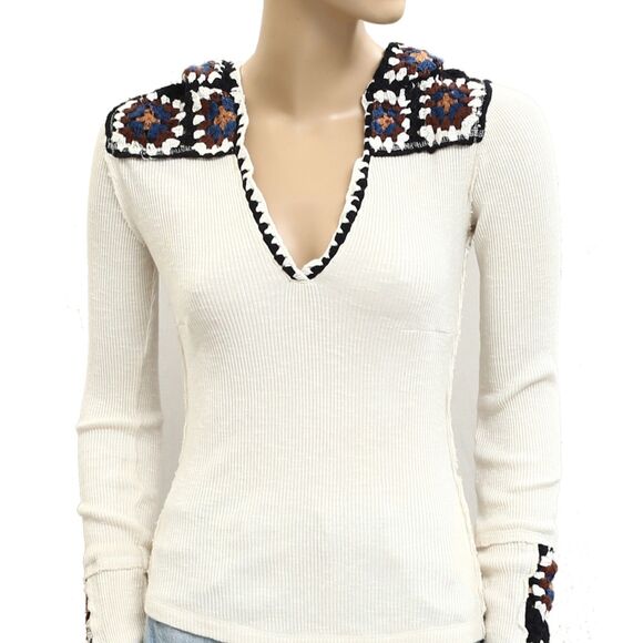 Free People Roswell Cuff Blouse Top Hoodie Crochet Ribbed Long Sleeve S 282404 - Picture 8 of 11